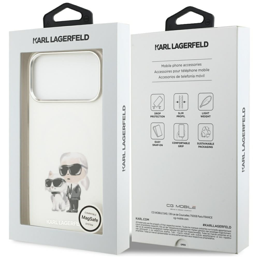Funda MagSafe para Apple iPhone 17 Pro Max, Karl Lagerfeld, IML Aquarelle Logo Karl & Choupette, Blanca.