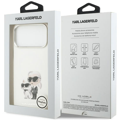 Funda MagSafe para Apple iPhone 17 Pro Max, Karl Lagerfeld, IML Aquarelle Logo Karl & Choupette, Blanca.