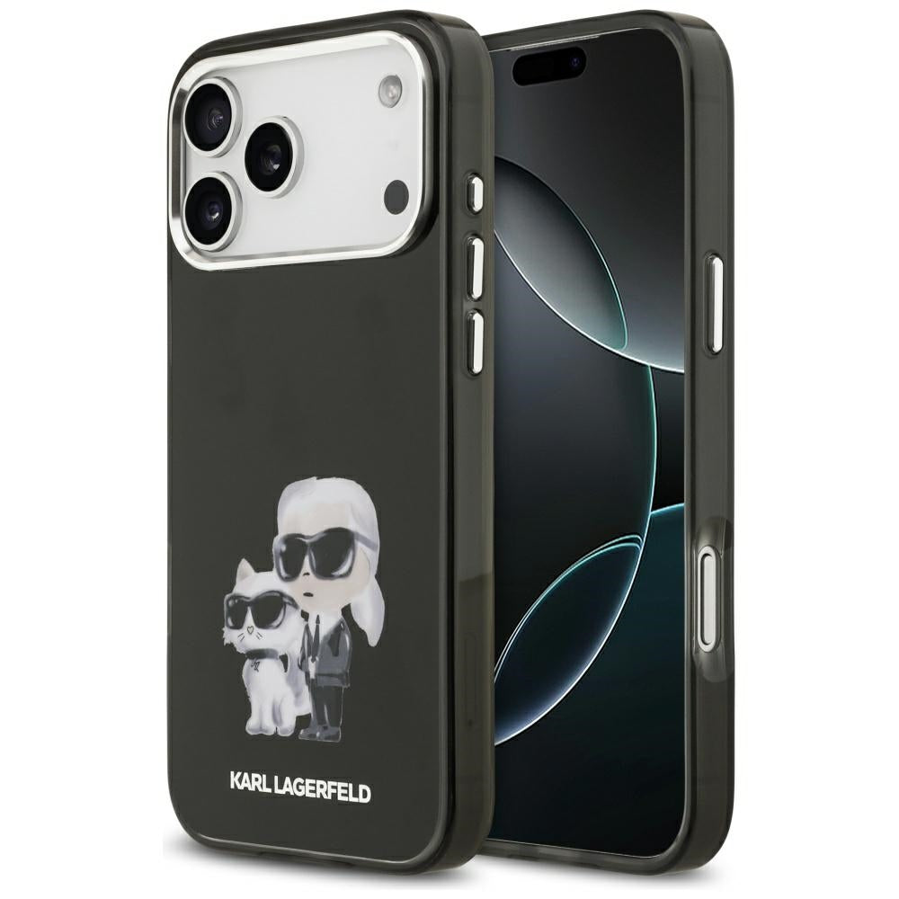 Funda MagSafe para Apple iPhone 17 Pro Max, Karl Lagerfeld, IML Aquarelle Logo Karl & Choupette, Negra.