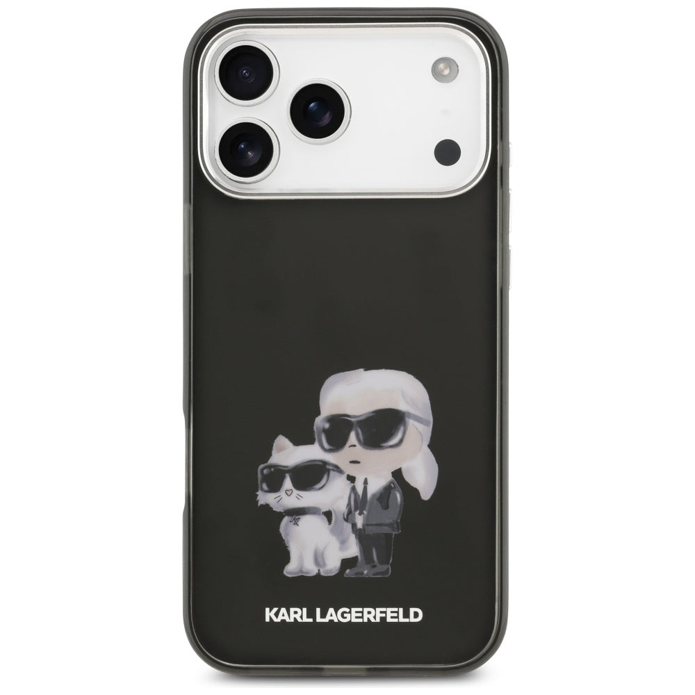 Funda MagSafe para Apple iPhone 17 Pro Max, Karl Lagerfeld, IML Aquarelle Logo Karl & Choupette, Negra.