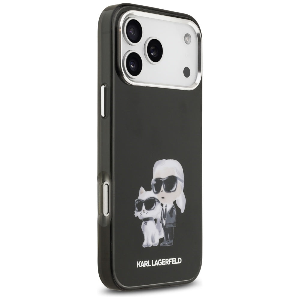 Funda MagSafe para Apple iPhone 17 Pro Max, Karl Lagerfeld, IML Aquarelle Logo Karl & Choupette, Negra.