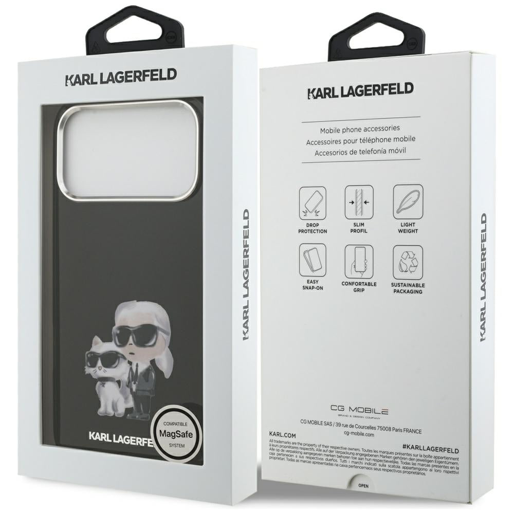 Funda MagSafe para Apple iPhone 17 Pro Max, Karl Lagerfeld, IML Aquarelle Logo Karl & Choupette, Negra.