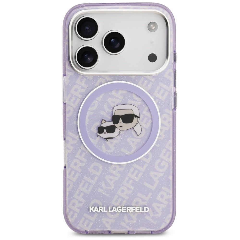Funda MagSafe para Apple iPhone 17 Pro Max, Karl Lagerfeld, IML Glitter Karl & Choupette's Heads, Morado