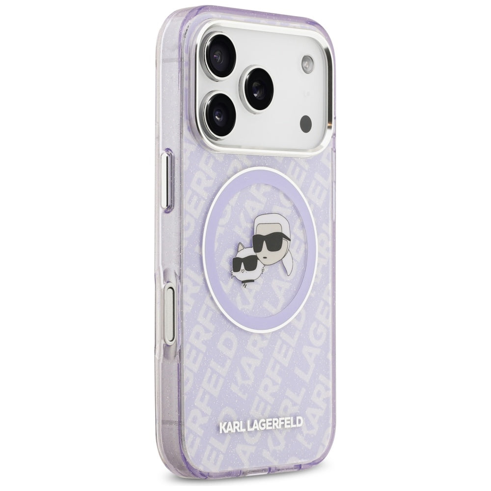 Funda MagSafe para Apple iPhone 17 Pro Max, Karl Lagerfeld, IML Glitter Karl & Choupette's Heads, Morado