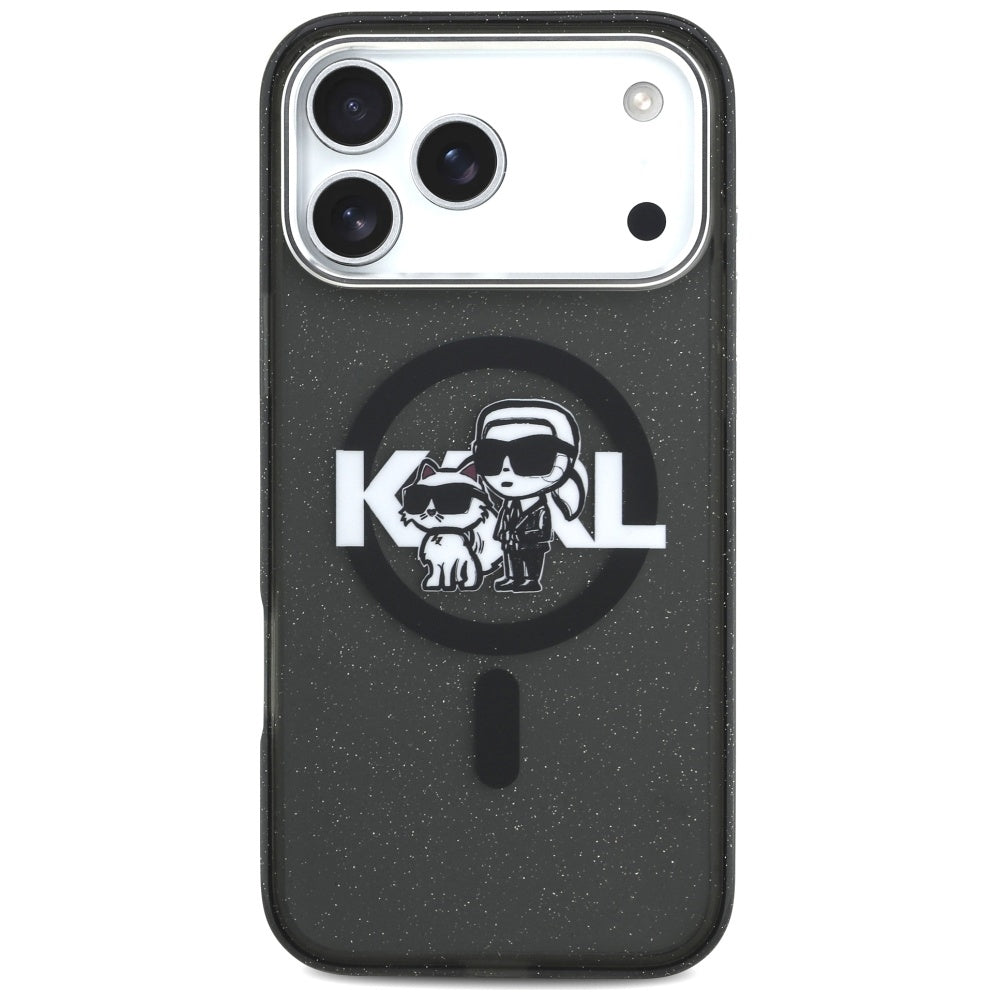 Funda MagSafe para Apple iPhone 17 Pro Max, Karl Lagerfeld, IML Sketch Logo Glitter Karl & Choupette, Negra.