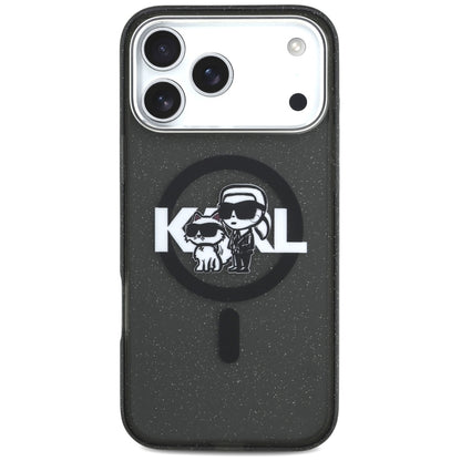Funda MagSafe para Apple iPhone 17 Pro Max, Karl Lagerfeld, IML Sketch Logo Glitter Karl & Choupette, Negra.