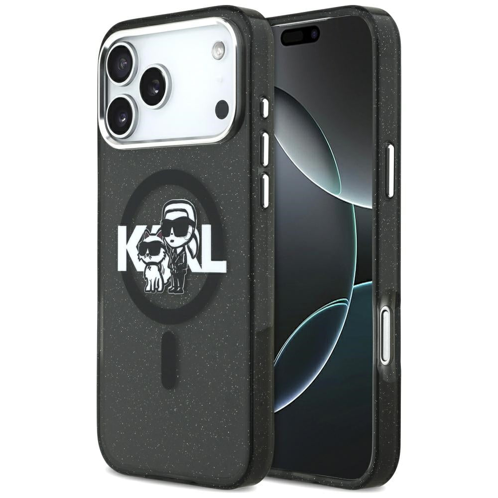 Funda MagSafe para Apple iPhone 17 Pro Max, Karl Lagerfeld, IML Sketch Logo Glitter Karl & Choupette, Negra.