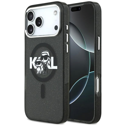 Funda MagSafe para Apple iPhone 17 Pro Max, Karl Lagerfeld, IML Sketch Logo Glitter Karl & Choupette, Negra.