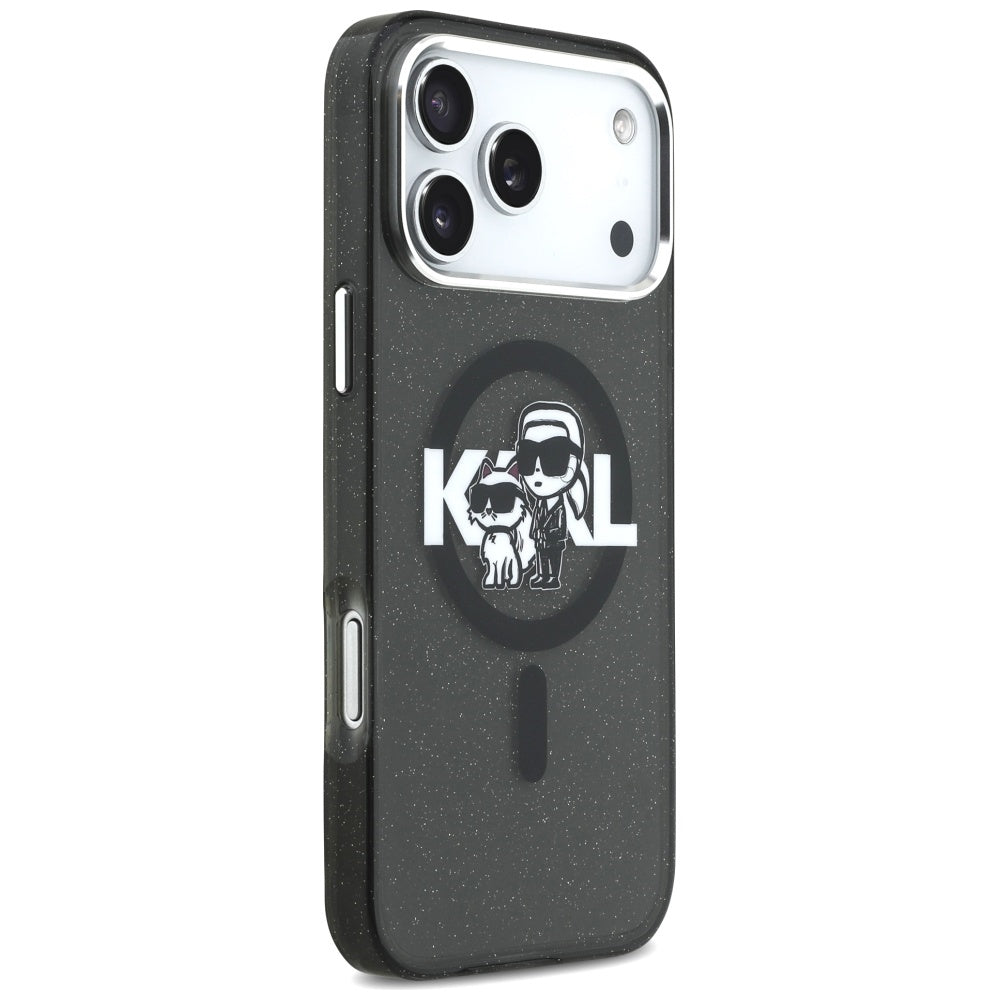 Funda MagSafe para Apple iPhone 17 Pro Max, Karl Lagerfeld, IML Sketch Logo Glitter Karl & Choupette, Negra.