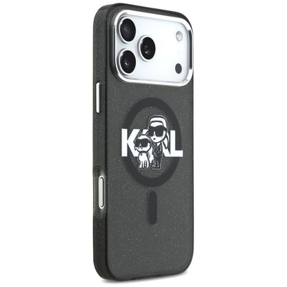 Funda MagSafe para Apple iPhone 17 Pro Max, Karl Lagerfeld, IML Sketch Logo Glitter Karl & Choupette, Negra.