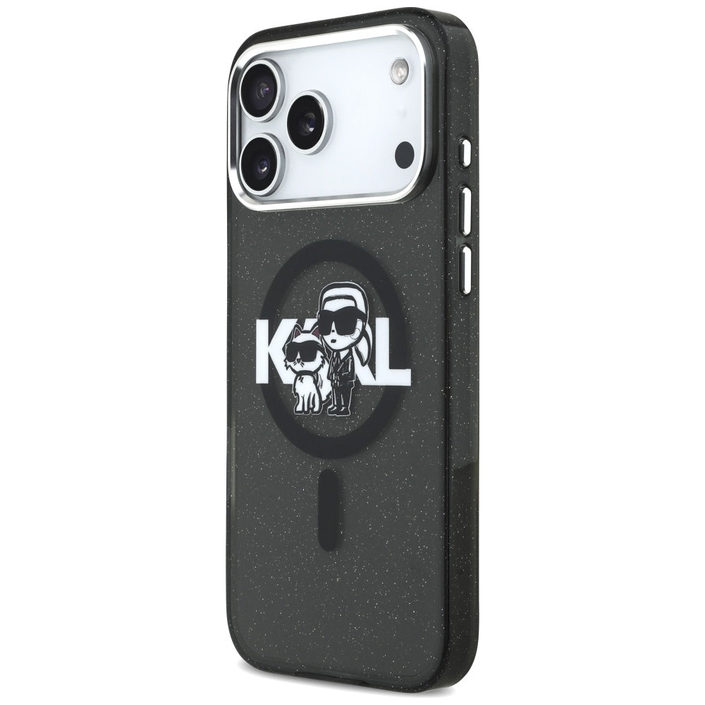 Funda MagSafe para Apple iPhone 17 Pro Max, Karl Lagerfeld, IML Sketch Logo Glitter Karl & Choupette, Negra.
