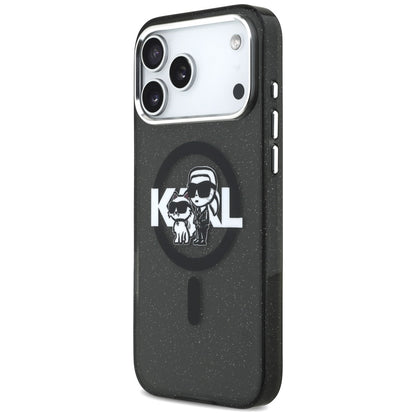 Funda MagSafe para Apple iPhone 17 Pro Max, Karl Lagerfeld, IML Sketch Logo Glitter Karl & Choupette, Negra.