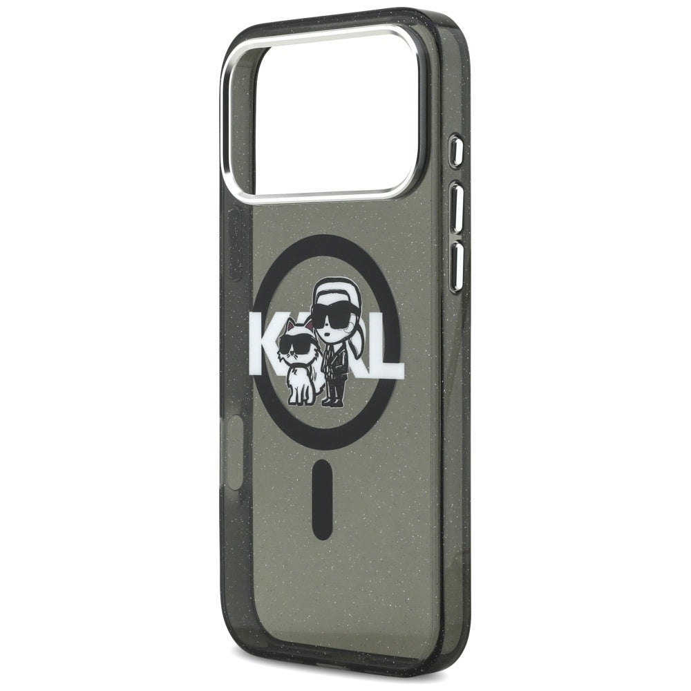 Funda MagSafe para Apple iPhone 17 Pro Max, Karl Lagerfeld, IML Sketch Logo Glitter Karl & Choupette, Negra.