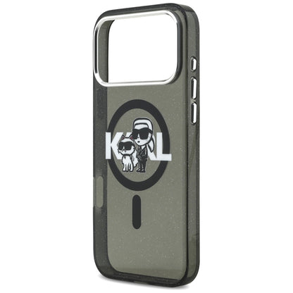 Funda MagSafe para Apple iPhone 17 Pro Max, Karl Lagerfeld, IML Sketch Logo Glitter Karl & Choupette, Negra.