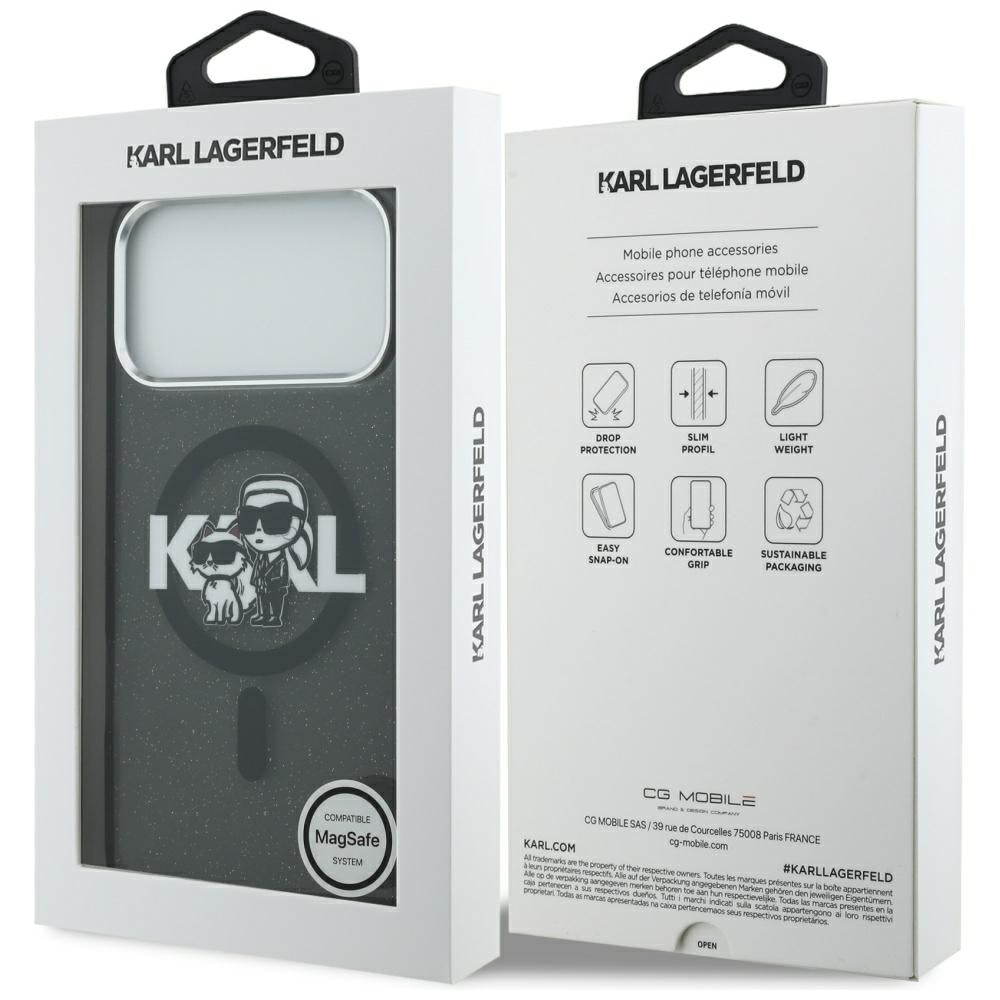 Funda MagSafe para Apple iPhone 17 Pro Max, Karl Lagerfeld, IML Sketch Logo Glitter Karl & Choupette, Negra.