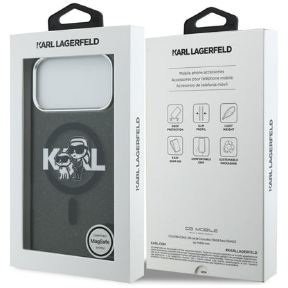 Funda MagSafe para Apple iPhone 17 Pro Max, Karl Lagerfeld, IML Sketch Logo Glitter Karl & Choupette, Negra.