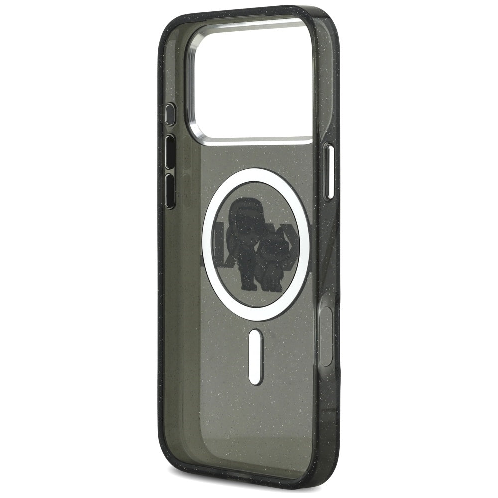 Funda MagSafe para Apple iPhone 17 Pro Max, Karl Lagerfeld, IML Sketch Logo Glitter Karl & Choupette, Negra.