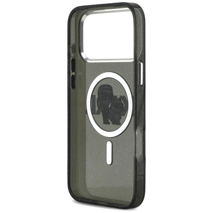 Funda MagSafe para Apple iPhone 17 Pro Max, Karl Lagerfeld, IML Sketch Logo Glitter Karl & Choupette, Negra.