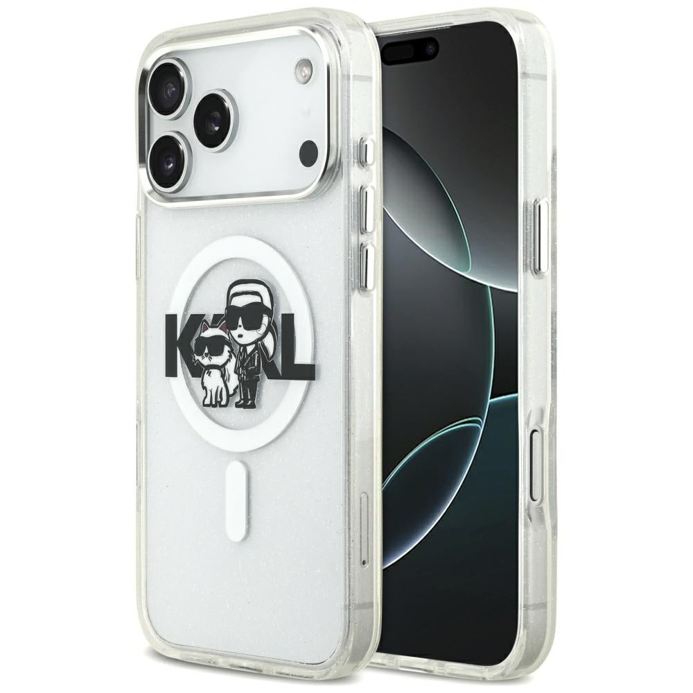 MagSafe Case for Apple iPhone 17 Pro Max, Karl Lagerfeld, IML Sketch Logo Glitter Karl & Choupette, Transparent