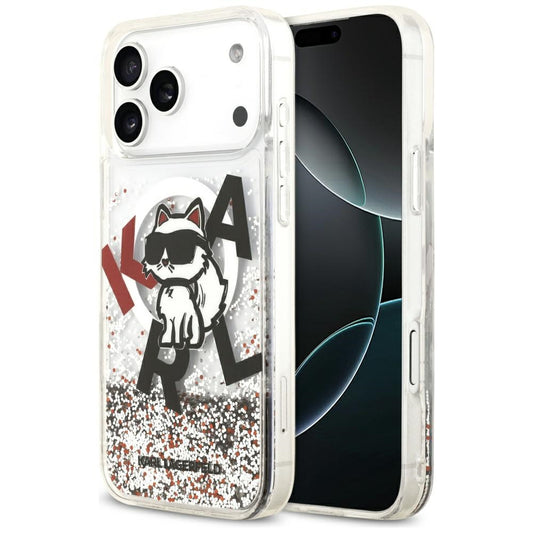 Funda MagSafe para Apple iPhone 17 Pro Max, Karl Lagerfeld, Liquid Glitter Logo Choupette, Transparente