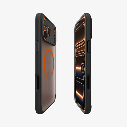 Funda MagSafe para Apple iPhone 17 Pro Max, Spigen, Ultra Hybrid, Negra Naranja Satinada