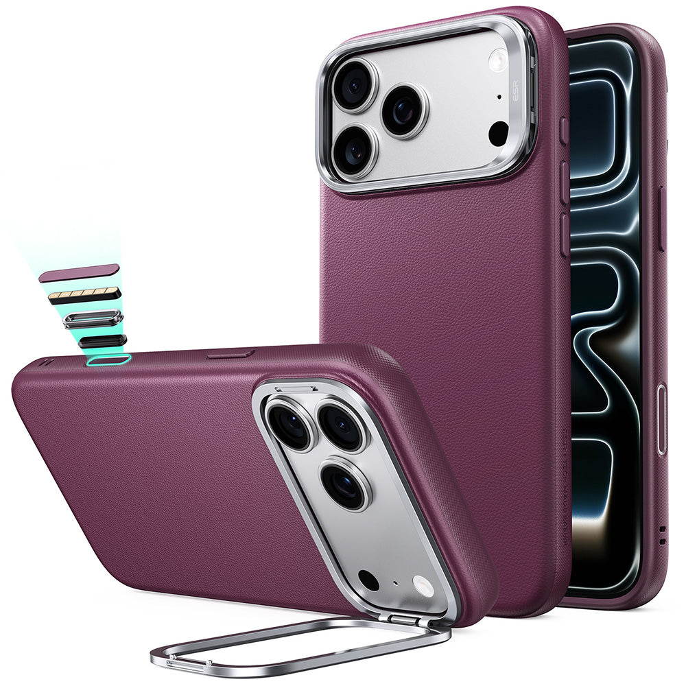 Funda MagSafe para Apple iPhone 18 Pro / 17 Pro, ESR, Atelier con soporte, Burdeos oscuro satinado