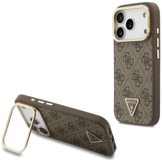 Funda MagSafe para Apple iPhone 18 Pro / 17 Pro, Guess, logotipo 4G Triangle y soporte para cámara, marrón