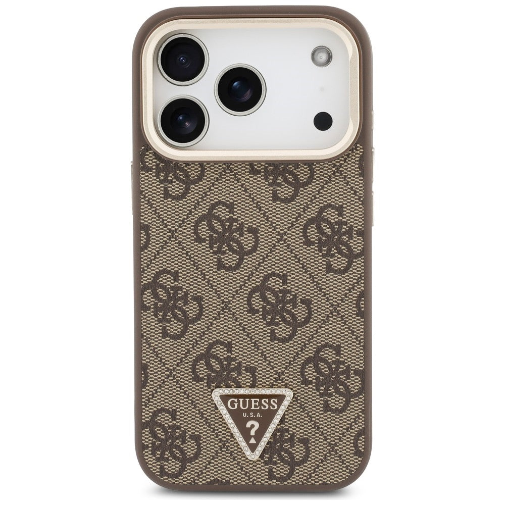 Funda MagSafe para Apple iPhone 18 Pro / 17 Pro, Guess, logotipo 4G Triangle y soporte para cámara, marrón