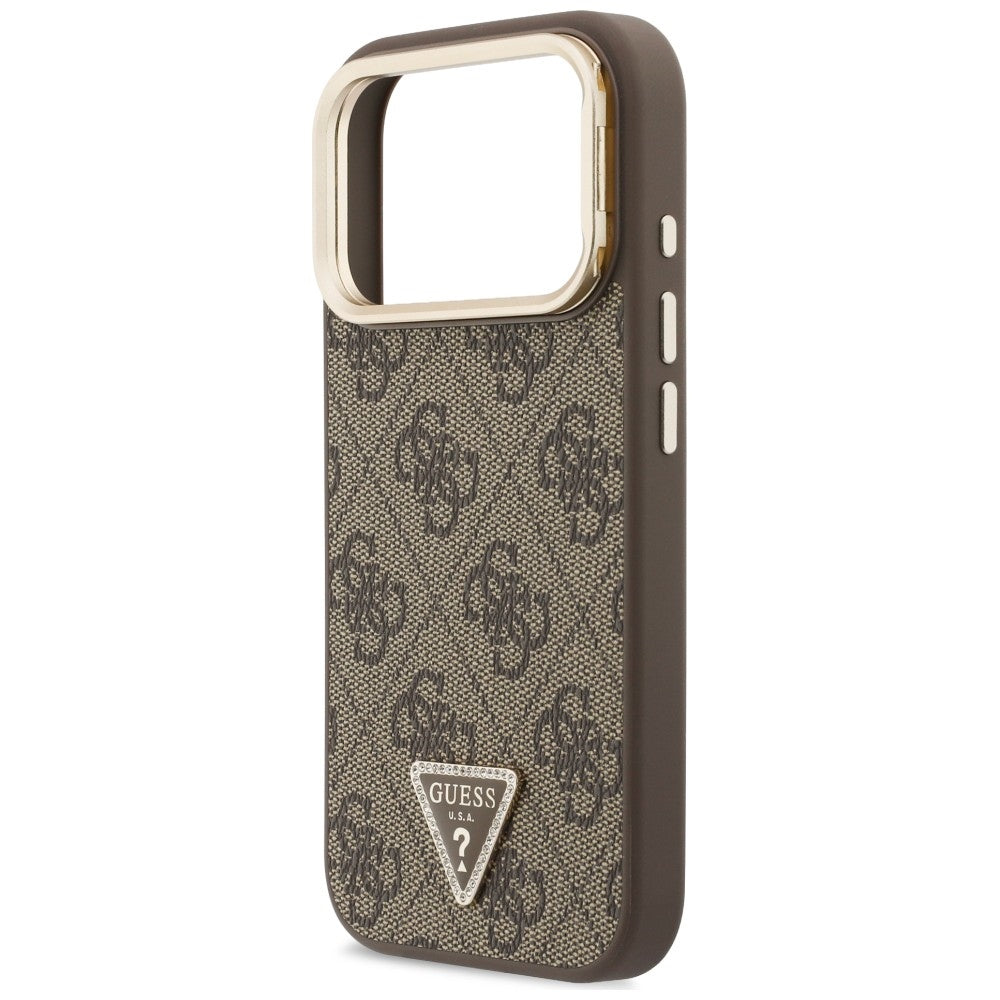 Funda MagSafe para Apple iPhone 18 Pro / 17 Pro, Guess, logotipo 4G Triangle y soporte para cámara, marrón