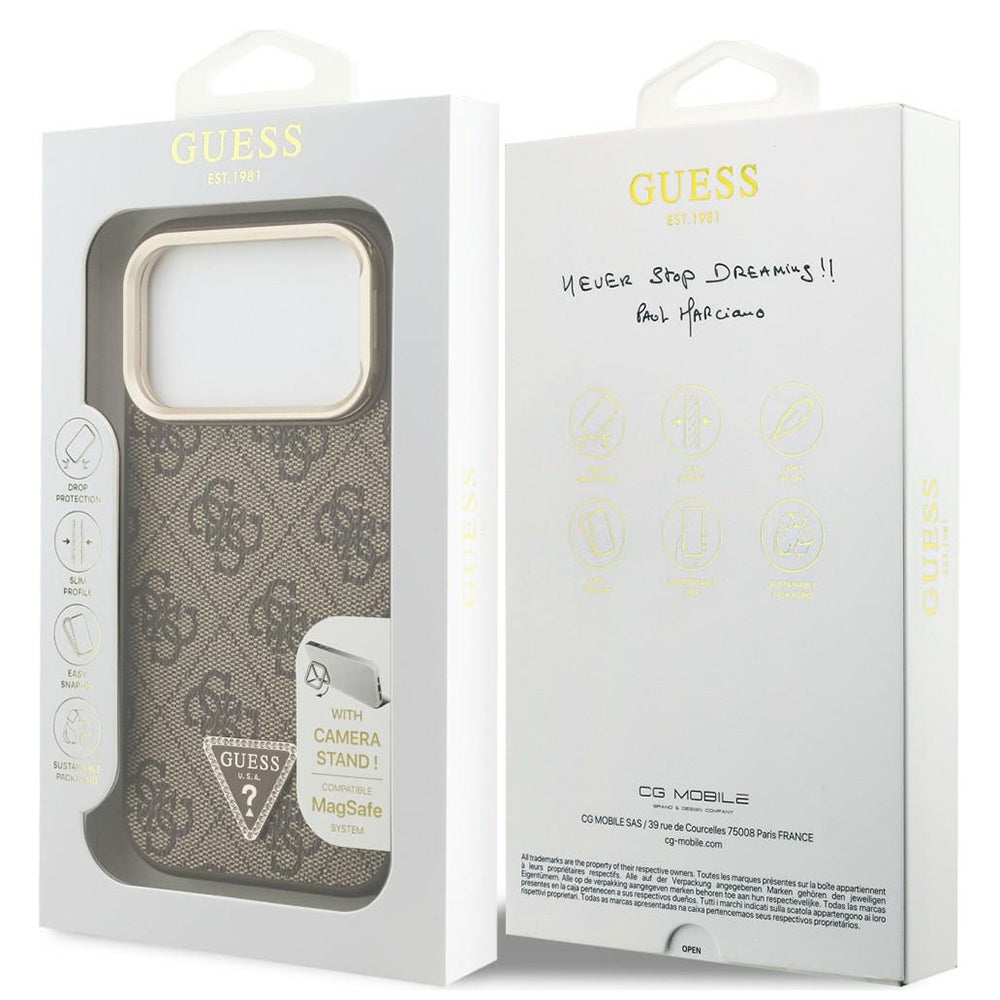 Funda MagSafe para Apple iPhone 18 Pro / 17 Pro, Guess, logotipo 4G Triangle y soporte para cámara, marrón