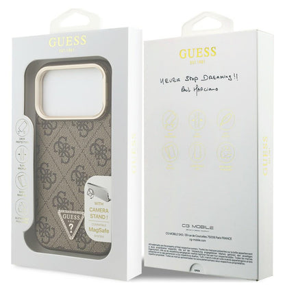 Funda MagSafe para Apple iPhone 18 Pro / 17 Pro, Guess, logotipo 4G Triangle y soporte para cámara, marrón