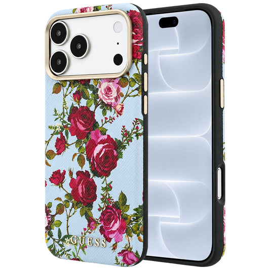 Funda MagSafe para Apple iPhone 18 Pro / 17 Pro, Guess, Blossom Roses Print, azul celeste