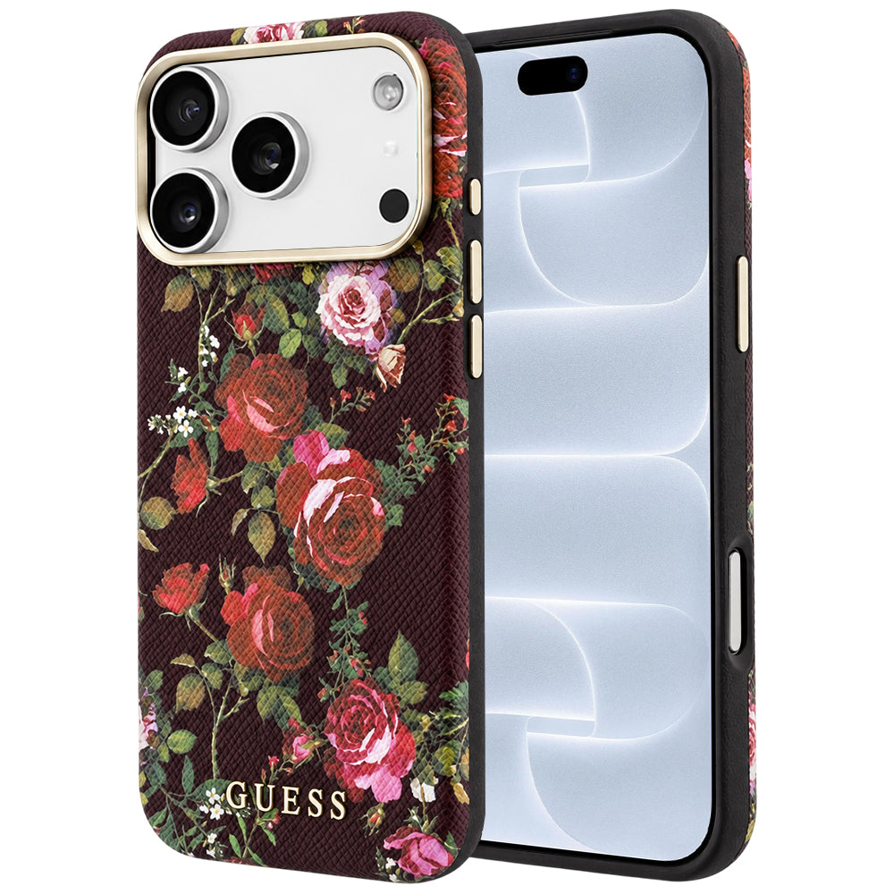 Funda MagSafe para Apple iPhone 18 Pro / 17 Pro, Guess, Blossom Roses Print, color burdeos