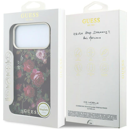 Funda MagSafe para Apple iPhone 18 Pro / 17 Pro, Guess, Blossom Roses Print, color burdeos