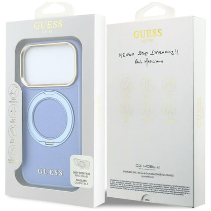 Funda MagSafe para Apple iPhone 18 Pro / 17 Pro, Guess, Grained Ring Stand 360 Classic, azul celeste