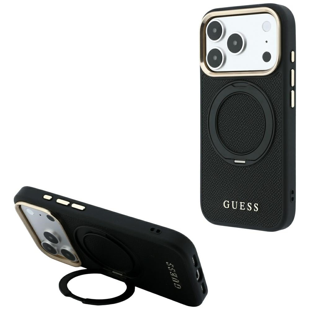 Funda MagSafe para Apple iPhone 18 Pro / 17 Pro, Guess, Grained Ring Stand 360 Classic, negra