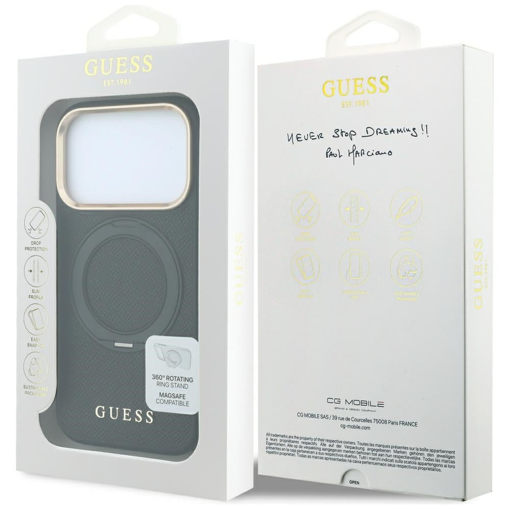 Funda MagSafe para Apple iPhone 18 Pro / 17 Pro, Guess, Grained Ring Stand 360 Classic, negra