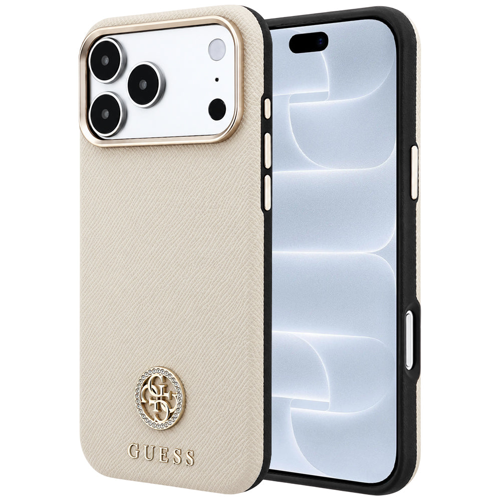 Funda MagSafe para Apple iPhone 18 Pro / 17 Pro, Guess, Logo Redondo con Strass Granulado, Beige