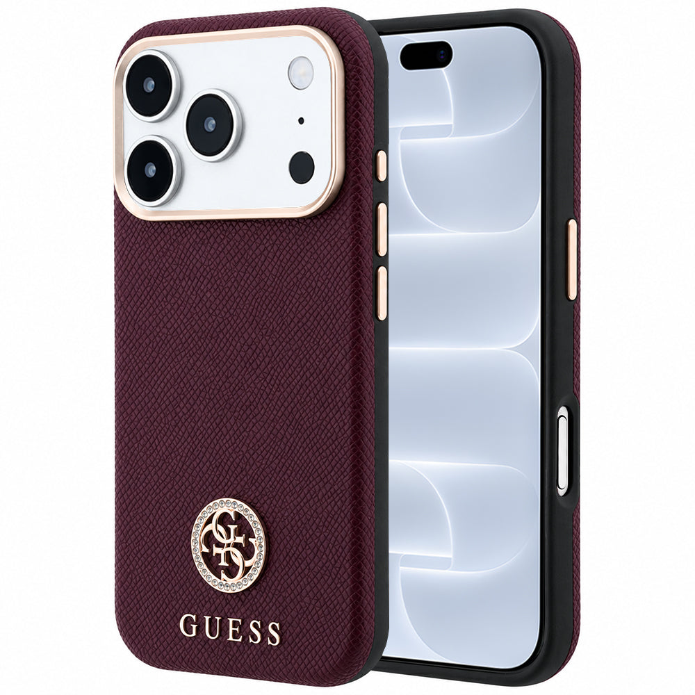 Funda MagSafe para Apple iPhone 18 Pro / 17 Pro, Guess, Logo Redondo con Strass Granulado, Burdeos