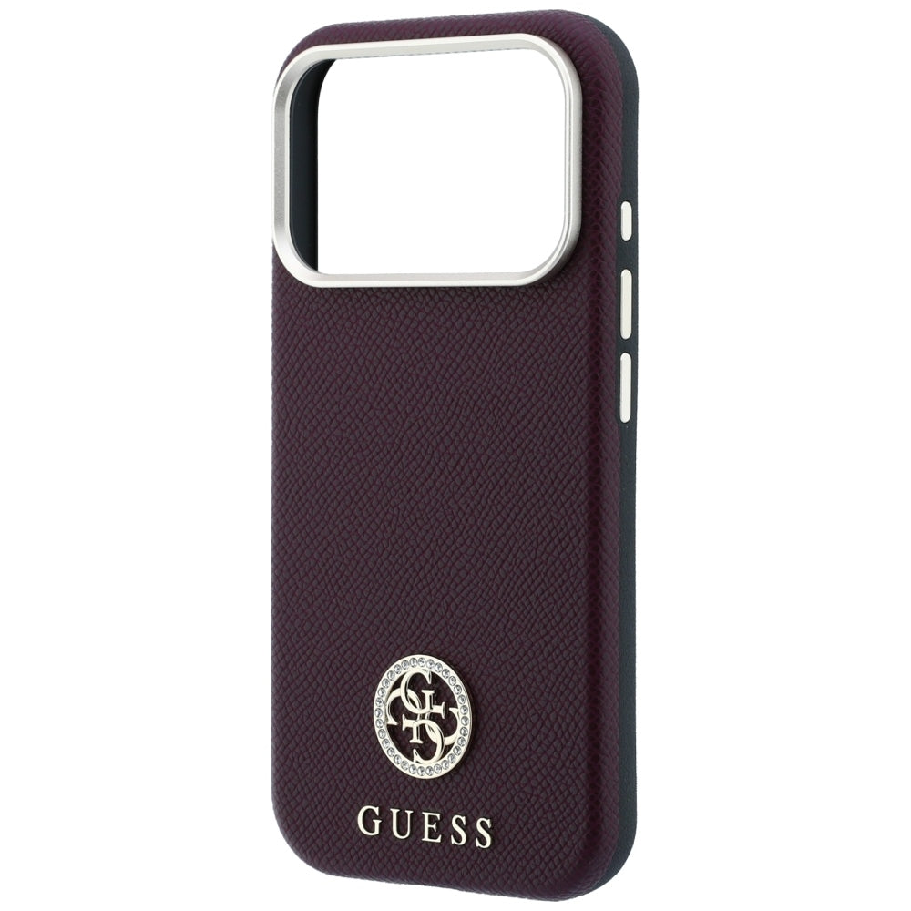 Funda MagSafe para Apple iPhone 18 Pro / 17 Pro, Guess, Logo Redondo con Strass Granulado, Burdeos