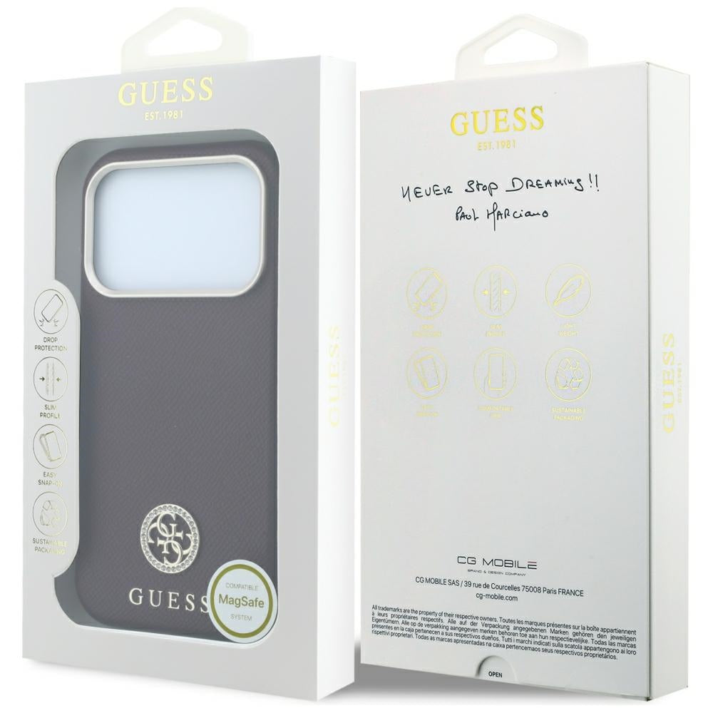 Funda MagSafe para Apple iPhone 18 Pro / 17 Pro, Guess, Logo Redondo con Strass Granulado, Burdeos