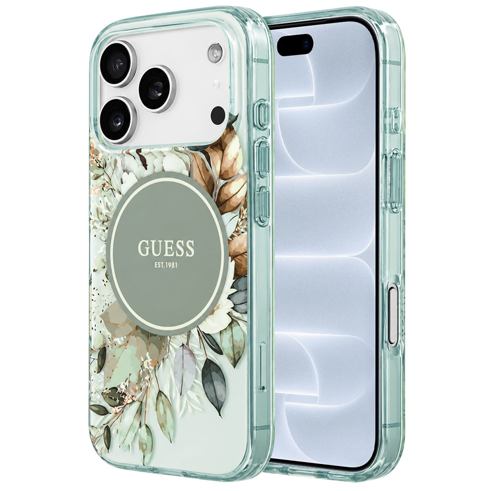 Funda MagSafe para Apple iPhone 18 Pro / 17 Pro, Guess, IML Flower & Tonal Circle, Verde