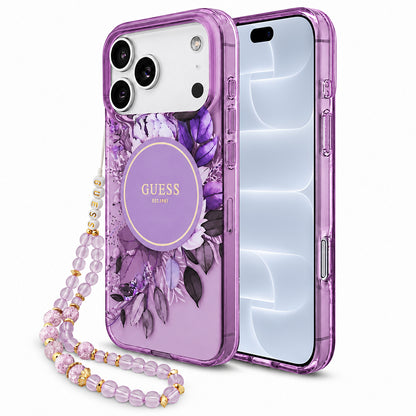 Funda MagSafe para Apple iPhone 18 Pro / 17 Pro, Guess, IML Flowers with Pearl Strap, Morado