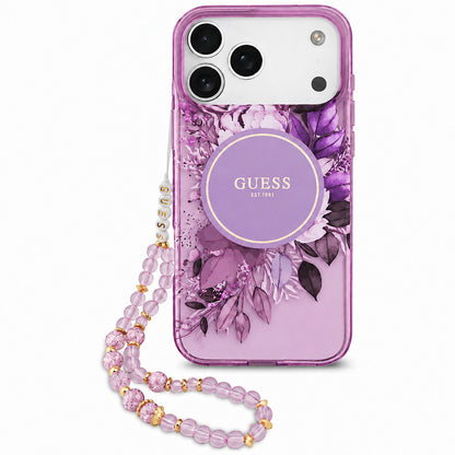 Funda MagSafe para Apple iPhone 18 Pro / 17 Pro, Guess, IML Flowers with Pearl Strap, Morado