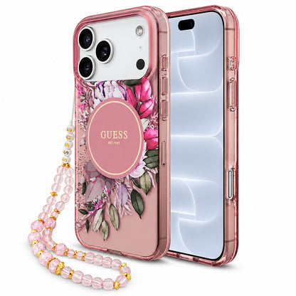 Funda MagSafe para Apple iPhone 18 Pro / 17 Pro, Guess, IML Flowers with Pearl Strap, rosa