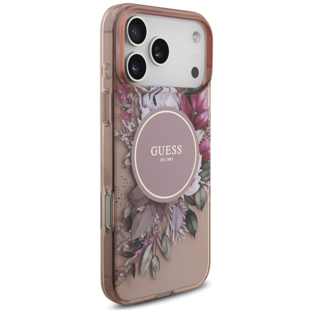 Funda MagSafe para Apple iPhone 18 Pro / 17 Pro, Guess, IML Flowers with Pearl Strap, rosa