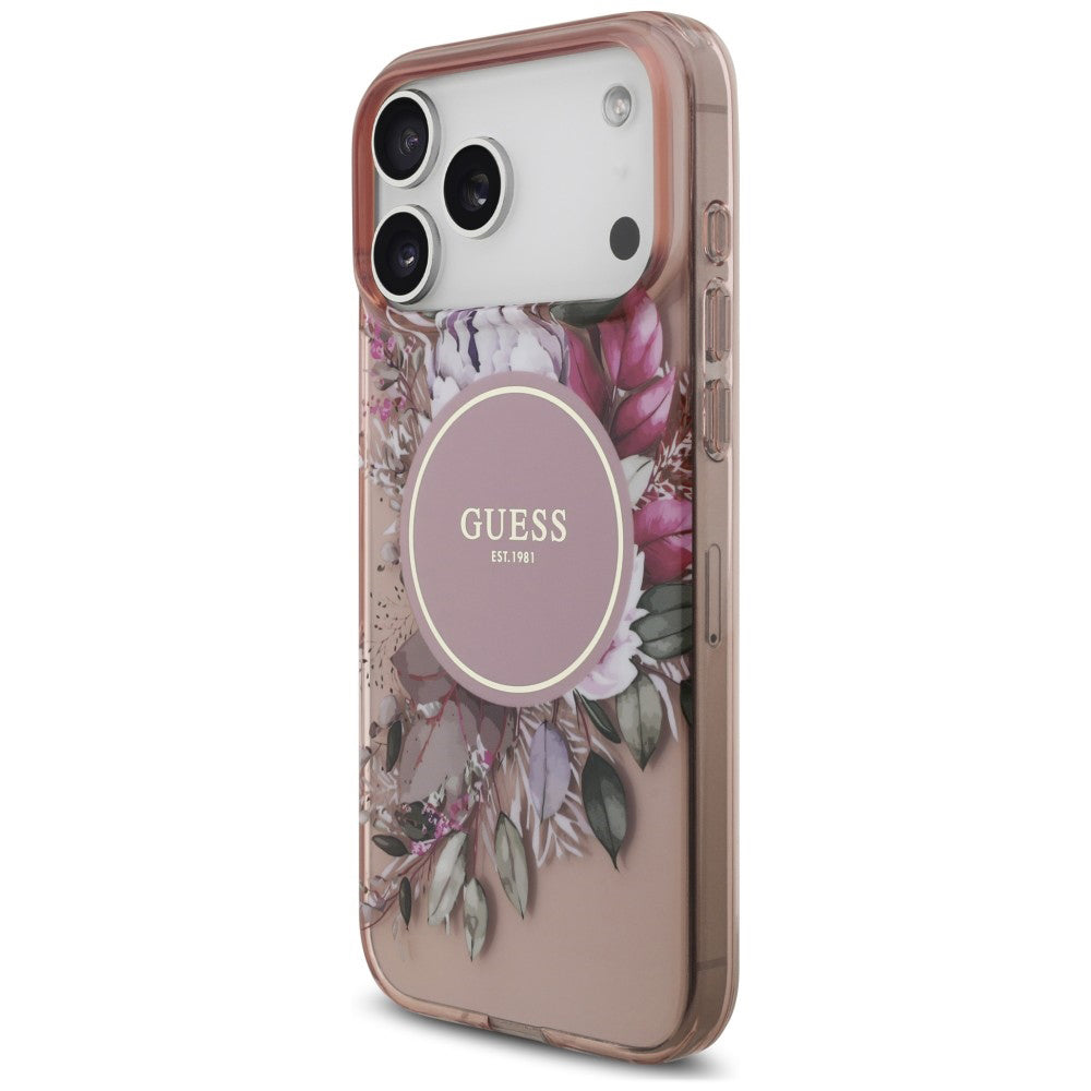 Funda MagSafe para Apple iPhone 18 Pro / 17 Pro, Guess, IML Flowers with Pearl Strap, rosa
