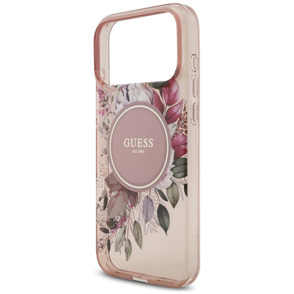 Funda MagSafe para Apple iPhone 18 Pro / 17 Pro, Guess, IML Flowers with Pearl Strap, rosa