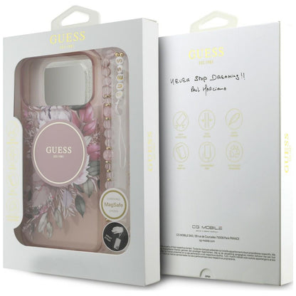 Funda MagSafe para Apple iPhone 18 Pro / 17 Pro, Guess, IML Flowers with Pearl Strap, rosa
