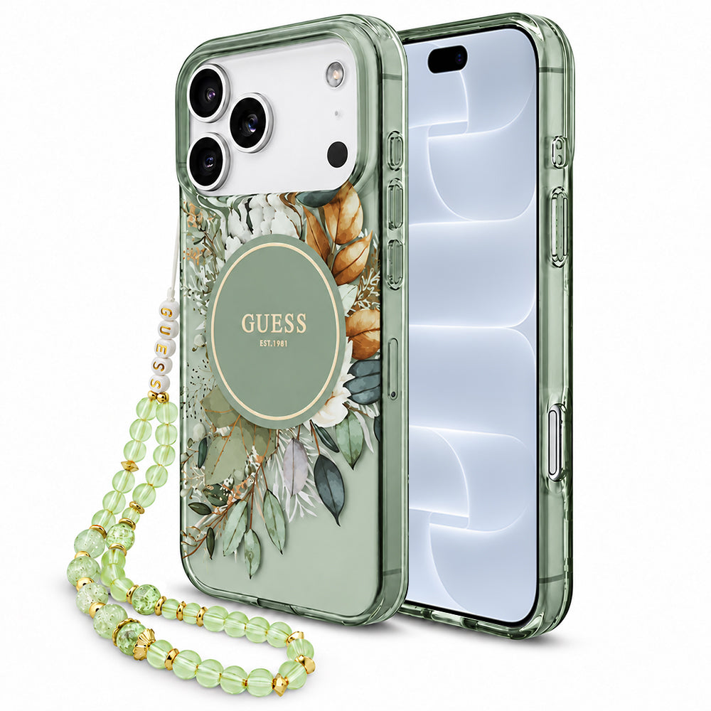 Funda MagSafe para Apple iPhone 18 Pro / 17 Pro, Guess, IML Flowers with Pearl Strap, Verde